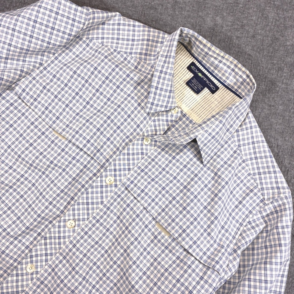 Vintage ExOfficio Button Down Shirt‎ Men XL Blue Plaid Long Sleeve Ventilated